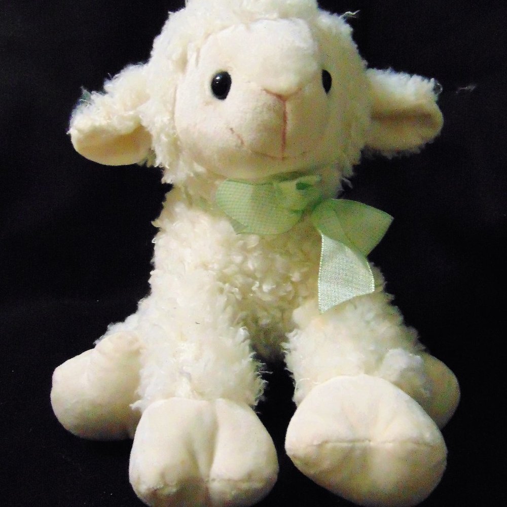 Vintage Fuzzy Lamb Plush Stuffed Animal 11" Hobby Lobby White Green Bow Lovey
